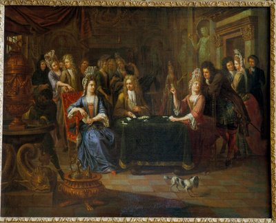 Aatelisten korttipelaajat pelaavat korttia olohuoneessa. Pierre Bergaignen (1652-1708) maalaus 1699 Arras, Musee Des Beaux Arts tekijältä Pierre Bergaigne