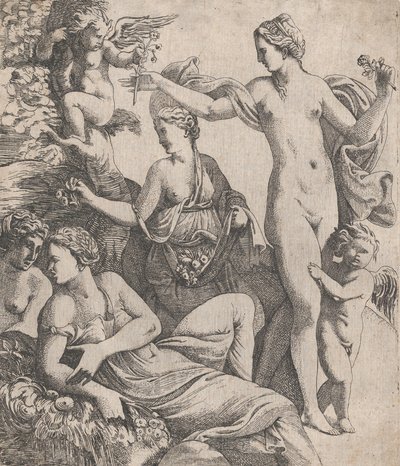 Venukselle, joka seisoo kolmen armon kanssa, tarjotaan kukka putosta, 1607-61. tekijältä Pierre Biard