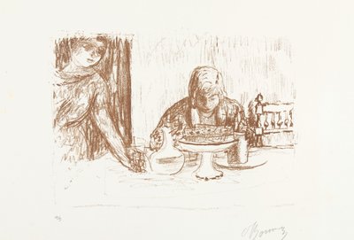 Mies ja nainen katetulla pöydällä astioiden ja karahvin kanssa La coupe et le compotier tekijältä Pierre Bonnard (signed by artist)