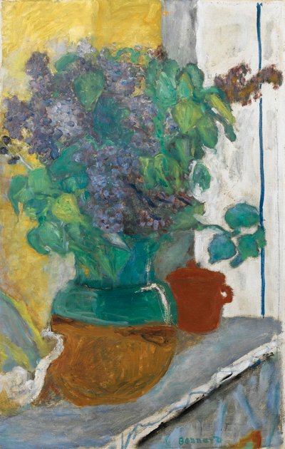 ranska: Lilas mauve dans un vase de terre jaune et vert (liljat mauve dans un vase de terre jaune et vert) tekijältä Pierre Bonnard