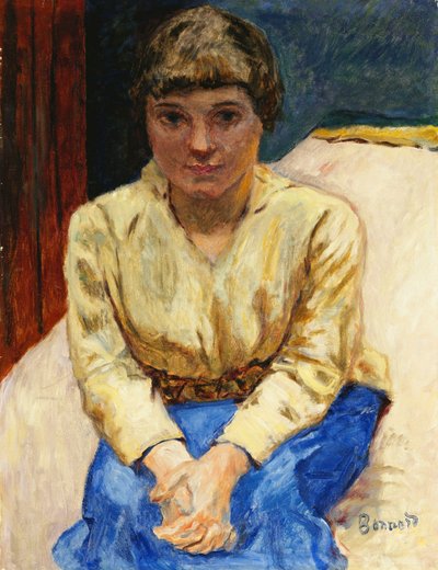 Tyttö istuu kädet ristissä; Nuori tyttö istuu, Les Mans Croisees, n. 1916 (öljy kankaalle) tekijältä Pierre Bonnard