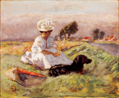 Madame Bonnard Taiteilijan vaimo istuu taistelussa koiransa kanssa. Pierre Bonnardin maalaus tekijältä Pierre Bonnard