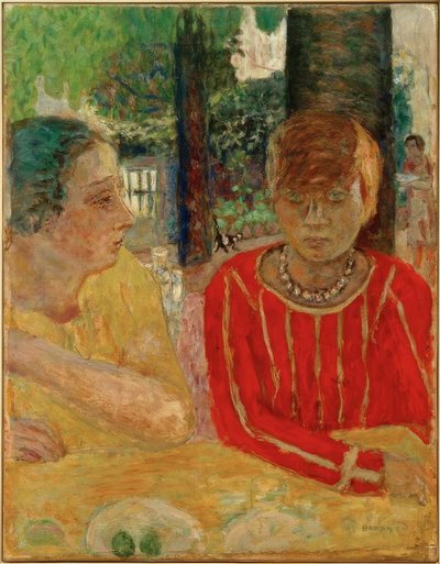 Reine Natanson ja Marthe Bonnard punaisen korsetin kanssa tekijältä Pierre Bonnard