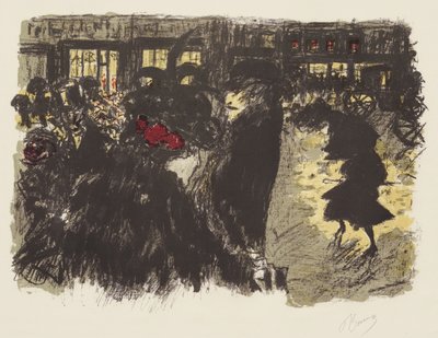 Some Aspects of Life in Paris, 7: The Square in the Evening, n. 1898 (litho keltaisella, punaisella, violetilla, vihertävän harmaalla kudospaperilla) tekijältä Pierre Bonnard