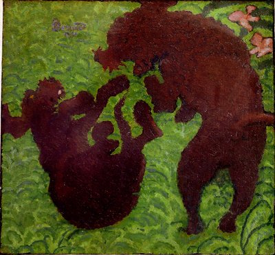 Pelto Kaksi koiraa leikkimässä nurmikolla. Pierre Bonnardin maalaus (1867-1947) Yksityinen kokoelma tekijältä Pierre Bonnard