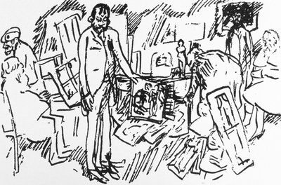 Pariisilaisen taidekauppiaan Ambroise Vollardin myymälä Pariisissa noin 1895: maalarit Camille Pissarro, Auguste Renoir, Pierre Bonnard ja Edgar Degas asiakkaan kanssa (kynä ja muste paperille) tekijältä Pierre Bonnard