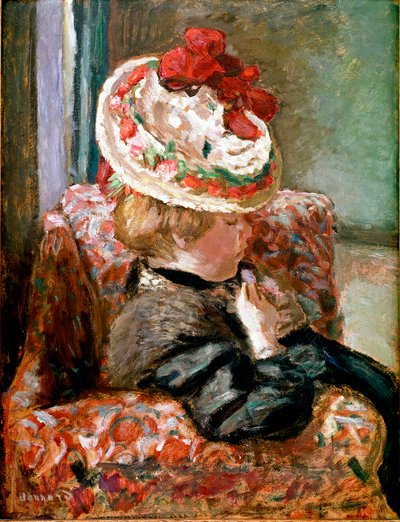Olkihattu Nainen istuu kukkasohvalla. Pierre Bonnardin maalaus tekijältä Pierre Bonnard