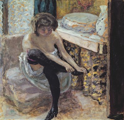 Nainen mustissa sukkahousuissa tai Nainen WC:ssä, n. 1900 (öljy kortille) tekijältä Pierre Bonnard