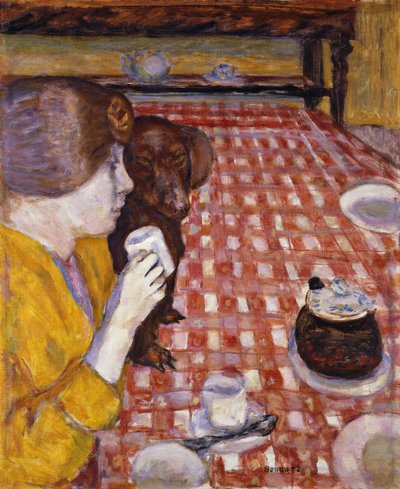 Keltainen ja punainen (Punainen ruudullinen pöytäliina); Keltainen ja punainen (pöytäliina punaisilla laatoilla) tekijältä Pierre Bonnard