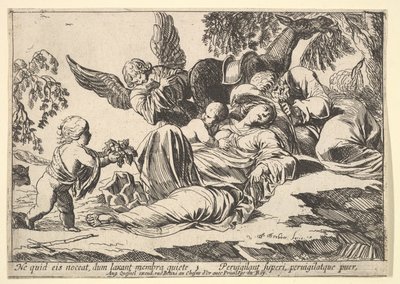 Enkelit antavat hedelmää nukkuvalle pyhälle perheelle, 1610-42. tekijältä Pierre Brebiette