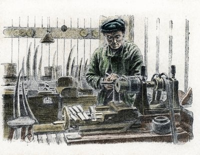 Norsunluutyöntekijä veistämällä norsun hampaat työssään työpajassaan, joka työskentelee norsujen suojan parissa (Ivory-työntekijä veistää norsunhampaita) Kaiverrus Pierre Calmette Collection privee:stä Excursion a travers les metiers tekijältä Pierre Calmettes