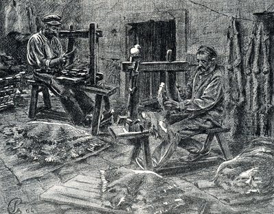 Artesãos descarnando as peles de carneiro Gravura de “Excursion a travers les métiers” de Pierre Calmette Coleção particularfinlandês tekijältä Pierre Calmettes