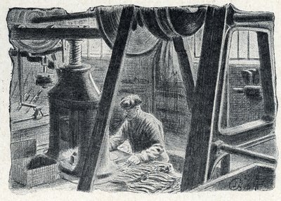Ruokailuvälineiden leimaus myllyllä Kaiverrus Pierre Calmetten yksityiskokoelmasta "Excursion a travers les metiers" tekijältä Pierre Calmettes