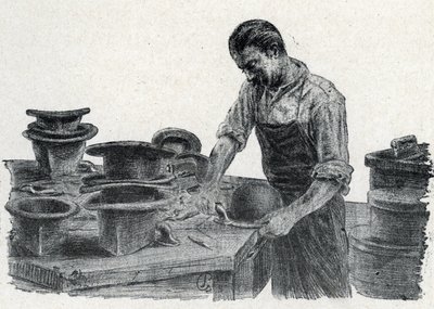 Hatuntekijä: keilahatun reunojen kiinnitys (keilahatun tekeminen) Pierre Calmetten yksityiskokoelman "Excursion a travers les metiers" -teoksesta piirretty kaiverrus tekijältä Pierre Calmettes