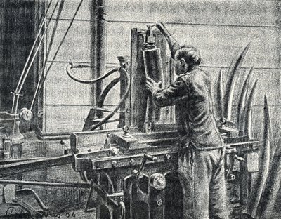 Norsunluukäsityöläinen leikkaa norsun hampaat Kaiverrus Pierre Calmetten yksityiskokoelmasta "Excursion a travers les metiers" tekijältä Pierre Calmettes