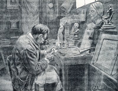 Muncitor de fildeș care sculptează fildeșul cu dalți, răzuitoare și gușuri Gravura din „Excursion a travers les metiers” de Pierre Calmette Colecția privată finlandeză tekijältä Pierre Calmettes
