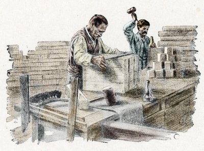 Savonnerie: le découpage des breads de soap (saippuapatukoiden valmistus) Kaiverrus Pierre Calmetten teoksesta "Excursion through the trades" Yksityinen kokoelma tekijältä Pierre Calmettes