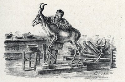 Taksidermia: Taksidermisti täytti hartebeest työpajassaan Kaiverrus retkistä a travers les metiers”, Pierre Calmette Collection privee tekijältä Pierre Calmettes