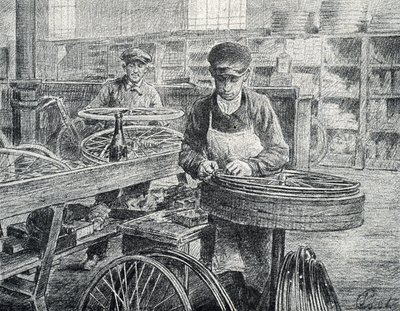 Trabalhadores fixando os raios nos aros de uma bicicleta durante sua fabricação (fabricação de bicicletas) Gravura de Pierre Calmette Coleção particularfinlandês tekijältä Pierre Calmettes