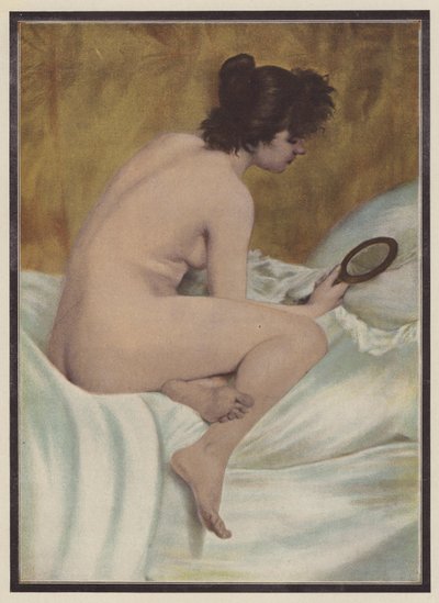 Heräävä nainen peilin kanssa (värinen lito) tekijältä Pierre Carrier-Belleuse