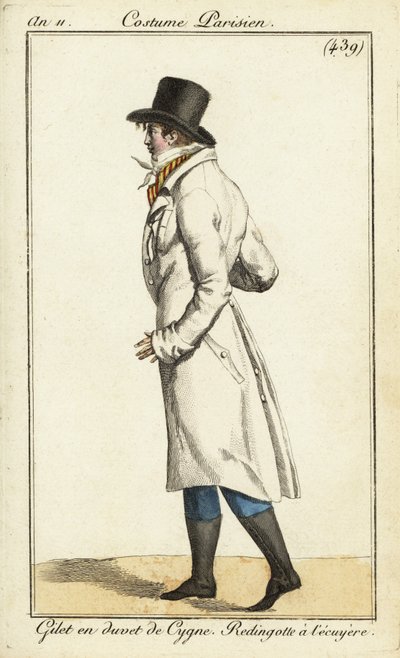 Nuori dandy ratsastajan takissa, joutsenen untuvuliivi tekijältä Pierre Charles Baquoy
