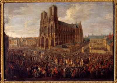 Ludvig XV:n kavalkadi Reimsin luostariin Saint Remyn luostariin 26. lokakuuta 1722 Pierre Denis Martinin maalaus tekijältä Pierre Denis Martin