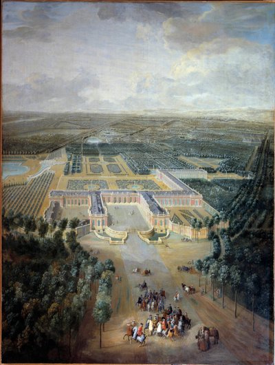 Perspektiivinäkymä Trianonin linnaan ja puutarhoihin: kuningas Ludvig XV:n kävelykatu hevosen selässä. Pierre Denis Martinin (1663-1742) maalaus. 1700-luvulla. Himmeä. 2,96 x 2,23 m. Versailles, musee du Chateau - Perspektiivinäkymä Trian linnaan ja puutar tekijältä Pierre Denis Martin