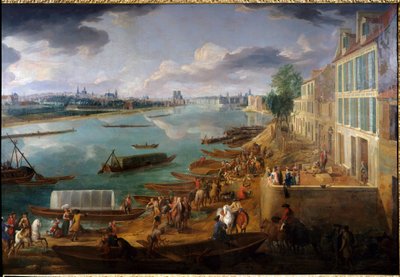 Näkymä Pariisiin, otettu Quai de la Rapeelta vuonna 1716 Yksityiskohta veneistä Seinen ja aktiviteeteista. Pierre Denis Martinin (1663-1742) maalaus 1716 su. 1,7x3,15 m Pariisi, Musee Carnavalet. tekijältä Pierre Denis Martin