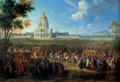 Kuningas Ludvig XIV:n vierailu Royal Hotel des Invalidesin kirkossa, joka valmistui 14. heinäkuuta tekijältä Pierre Denis Martin