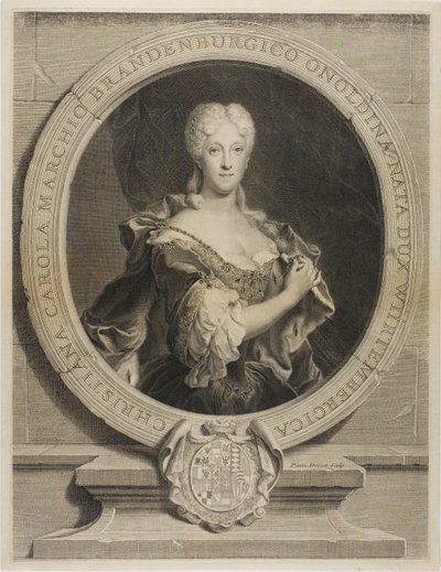 Muotokuva Christine-Carolinesta, Brandenbourg-Onoltzbachin markkrahvista, Würtemburgilaisen Guillaume-Frédéricin vaimosta, 1694-1723 tekijältä Pierre Drevet