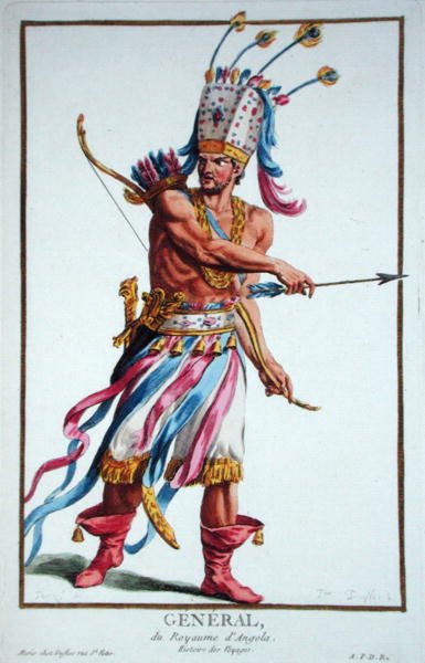 Angolan soturipäällikkö, teoksesta "Receuil des Estampes, representant les Rangs et les Dignites, suivant le Costume de toutes les Nations existantes", julkaistu 1780 (käsin väritetty kaiverrus). tekijältä Pierre Duflos