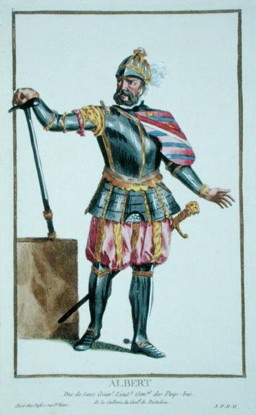 Albert Rohkea (1443-1500) Saksin herttua Receuil des Estampesista, joka edustaa arvoja ja arvoja, kaikkien olemassa olevien kansakuntien puvun mukaan, julkaistu 1780 (käsinvärinen kaiverrus) tekijältä Pierre Duflos
