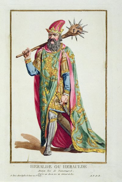 Harold, Tanskan kuningas kirjasta "Receuil des Estampes, Representant les Rangs et les Dignites, kaikkien olemassa olevien kansakuntien puvun mukaan", julkaistu 1780 (käsinvärinen kaiverrus) tekijältä Pierre Duflos