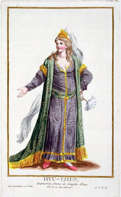 Hyu-Chen, Tšingis-kaanin vaimo, kirjasta "Receuil des Estampes, joka edustaa arvoja ja arvokkaita kaikkien olemassa olevien kansakuntien puvun mukaan", julkaistiin 1780 (käsinvärinen kaiverrus) tekijältä Pierre Duflos