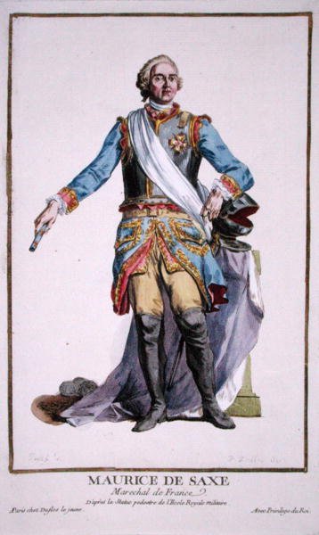 Maurice of Saxony (1696-1750) teoksesta "Receuil des Estampes, Representant des Rangs et les Dignites, kaikkien olemassa olevien kansakuntien puvun mukaan", julkaistu 1780 (käsinvärinen kaiverrus) tekijältä Pierre Duflos