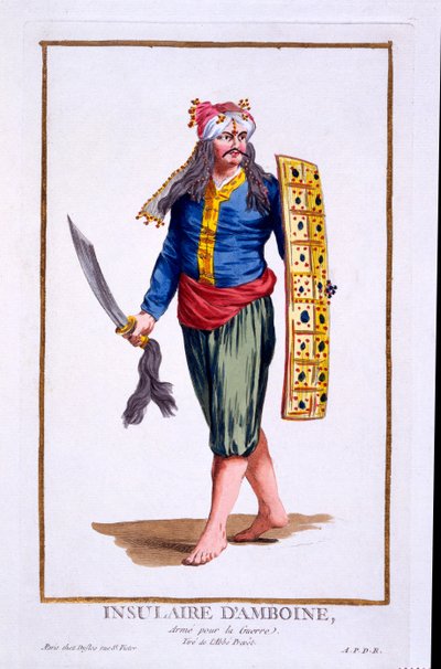 Kotoisin Amboinen saarelta, aseistettu sotaan, kirjasta "Recuil des Estampes, Representant les Rangs et des Dignités, The Costume of All Existing Nations", julkaistu 1780 (käsinvärinen e tekijältä Pierre Duflos
