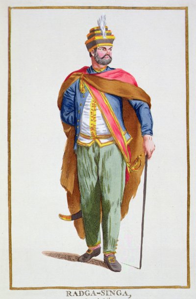 Raja-Singa Ceylonin kuningas teoksesta "Receuil des Estampes, Representant les Rangs et les Dignites, kaikkien olemassa olevien kansakuntien puvun mukaan", julkaistu 1780 (käsinvärinen kaiverrus) tekijältä Pierre Duflos