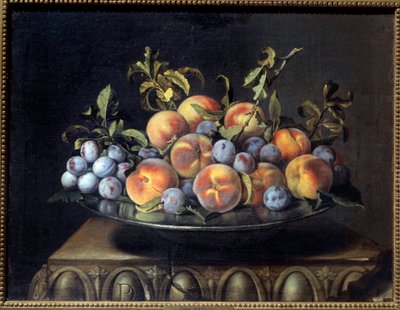 Persikat ja luumut peltiastiassa Pierre Dupuis