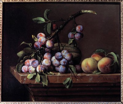 Luumuja, kurpitsaa ja persikoita marmoritaululla Pierre Dupuis