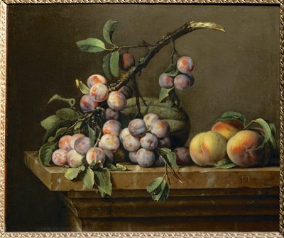 Luumuja, kurpitsoja ja persikoita marmorisen entablatuurin päällä ... tekijältä Pierre Dupuis