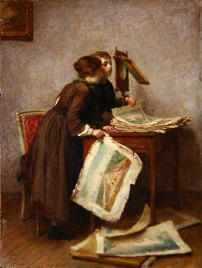 Lapset katsomassa piirroksia, n. 1870 (öljy paneelille) tekijältä Pierre Edouard Frere