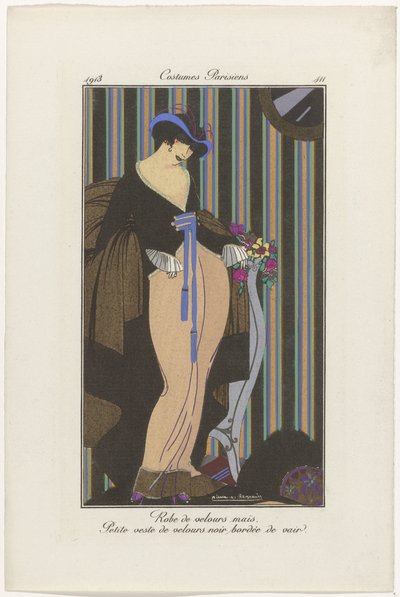 Journal of Ladies and Fashions: The Fashion Illustrators Journal of Ladies and Fashions: Fashion News Journal des Dames et des Modes, Costumes Parisiens, 1913, nro 111: samettimekko (...) tekijältä Pierre Emile Legrain