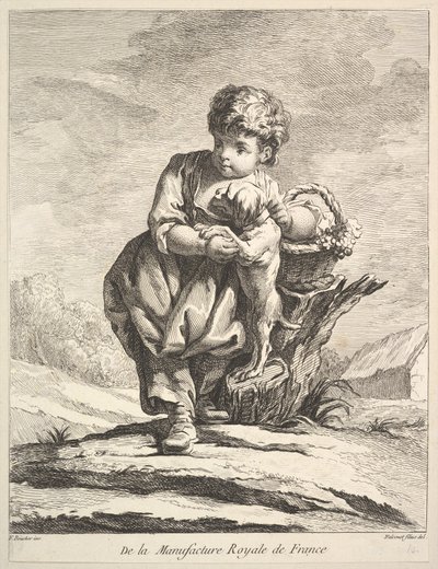 Lapsi koiran kanssa, kädessään viinikori, Premier Livre de Figures daprès les po..., 1757. tekijältä Pierre Etienne Falconet