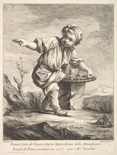 Etukappale, jossa pieni poika pitelee koria, Premier Livre de Figures daprès les po..., 1757. tekijältä Pierre Etienne Falconet