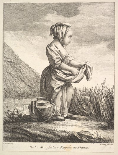 Pieni tyttö astia jaloissaan, Premier Livre de Figures daprès les porcelain..., 1757. tekijältä Pierre Etienne Falconet
