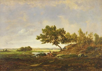 Lampi kukkulan juurella, n. 1848-55 (öljy puulle) tekijältä Pierre Etienne Theodore Rousseau