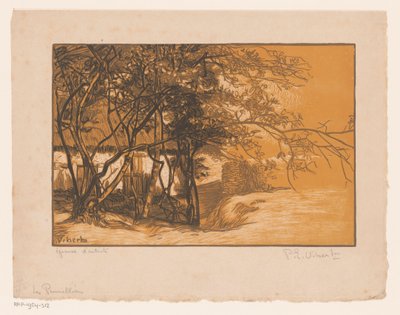 Maisema maatilalla puiden takana Les Prunelliers (otsikko esineessä) tekijältä Pierre Eugène Vibert (signed by artist)