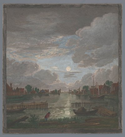 Näkymä kanavalle lähellä Haarlemin kaupunkia kuutamossa Vûe du canal proche de Haerlem (otsikko esineessä) tekijältä Pierre François Basan