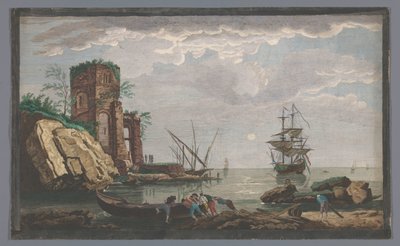 Näkymä rannikolle lähellä Toulonin kaupunkia kuutamossa Vüe ​​des environs de Toulon (otsikko esineessä) tekijältä Pierre François Basan
