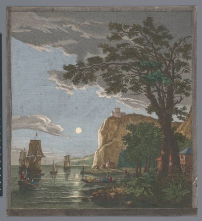 Näkymä rannikolle, jossa on laivoja ja veneitä vedessä kuunvalossa La pleine lune (otsikko esineessä) tekijältä Pierre François Basan